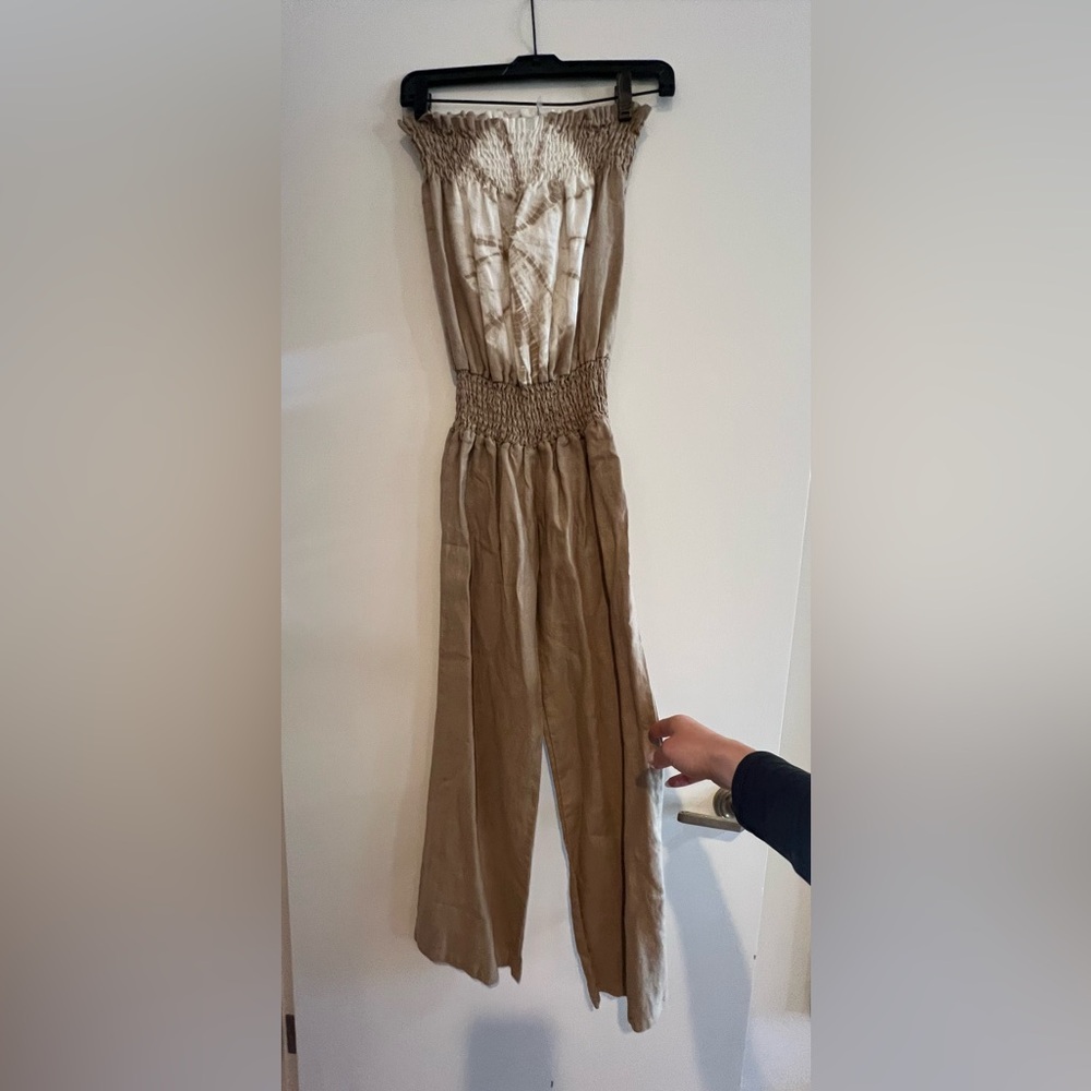 Young Fabulous & Broke Strapless Smocked-Waist Tan Jumpsuit